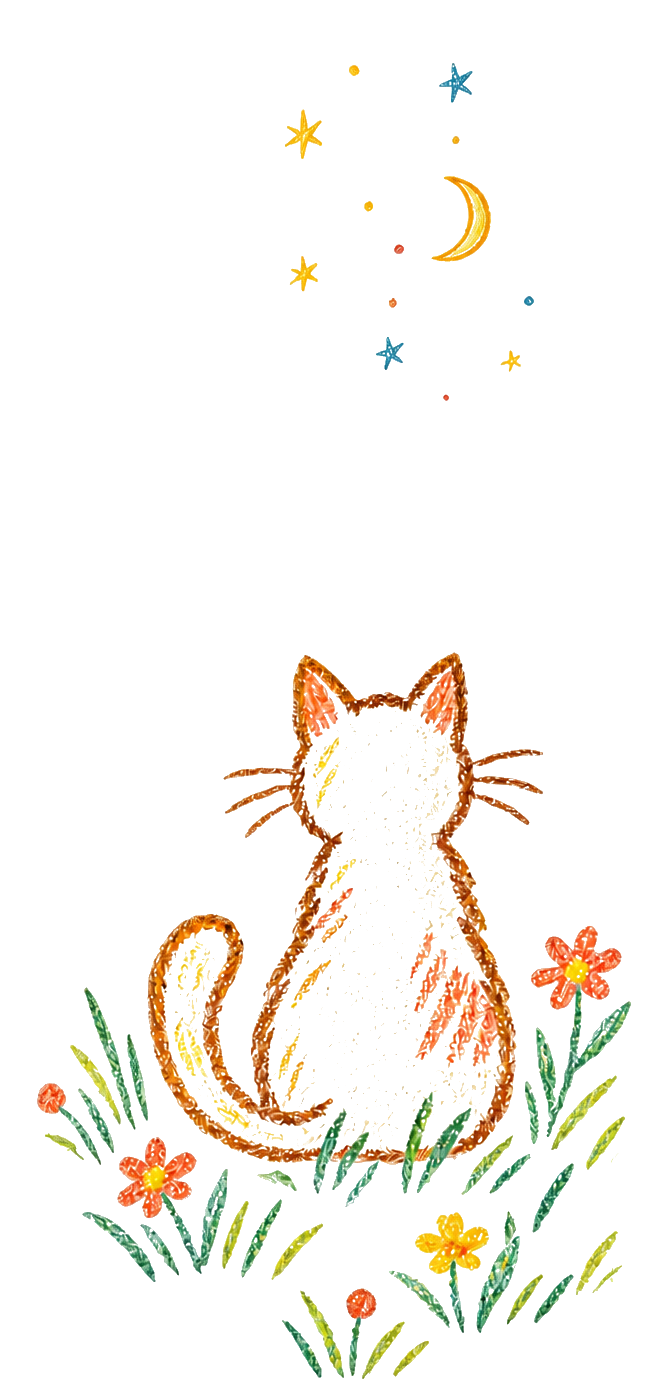 一只猫坐在花草间仰望月亮的蜡笔画